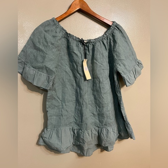 Terzo Millennio Women's Green Ruffle Top Off Shoulder Pure Linen Italy L NWT - Picture 2 of 10